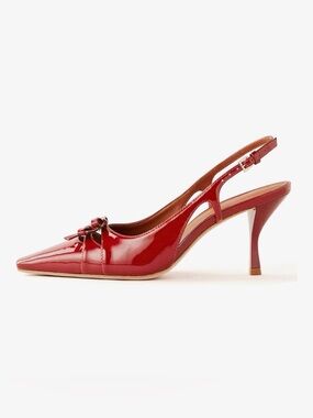 Slingback Kitten Heels Red Patent Pointed-Toe Slingback Pumps with Bow Accent NW